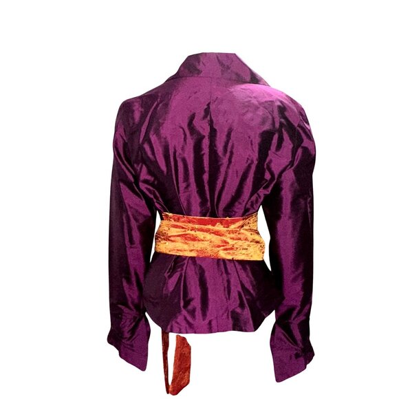 Mestiza New York Large Dark Purple Silk Wrap Jacket Orange Brocade Waist Tie - Picture 6 of 10